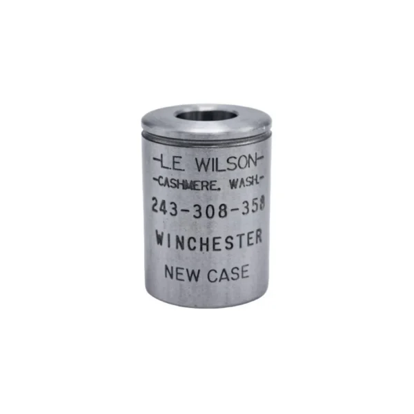 L.E. Wilson New Case Rifle Case Holder, silver cylindrical holder with engraved markings