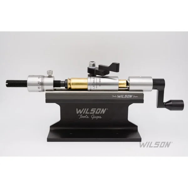 Wilson Stainless Case Trimmer Kit, side view with black base, silver trimmer and crank handle