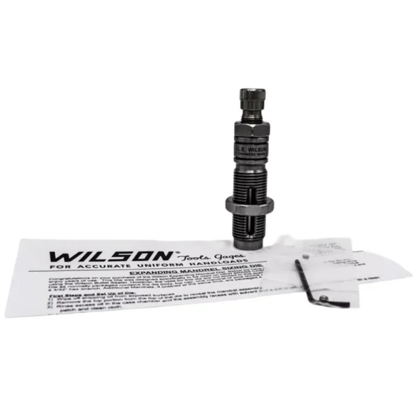 L.E. Wilson Die with Expanding Mandrel, black metal die shown upright with paperwork and hex key