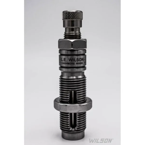 L.E. Wilson Die with Expanding Mandrel, black and silver threaded die in front view