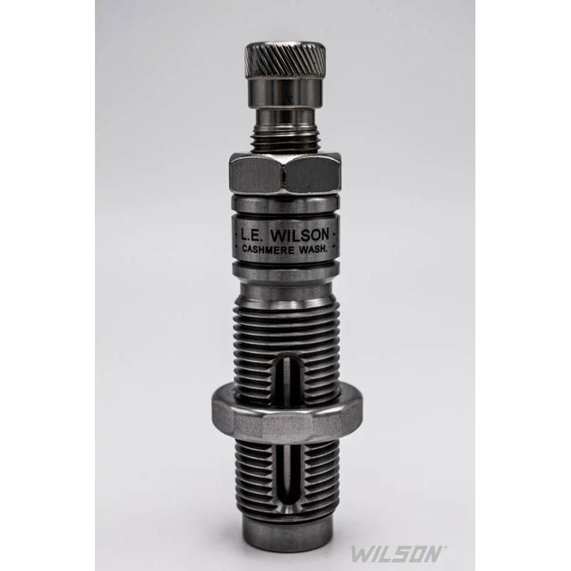 primary-43506 L.E. Wilson Die with Expanding Mandrel, black and silver threaded die in front view