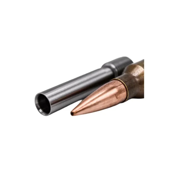 Wilson VLD Drift Seating Stem 7mm, black metal stem beside a copper-colored pointed bullet