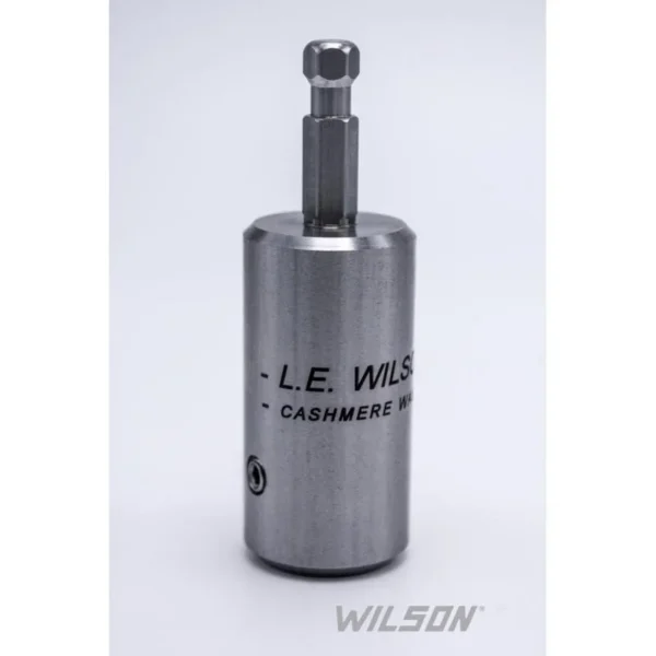 L.E. Wilson Deburring Tool Power Adaptor, silver cylindrical adaptor with hex drive, front view