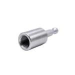 L.E. Wilson Trimmer Power Adaptor, angled view of silver adaptor with threaded opening