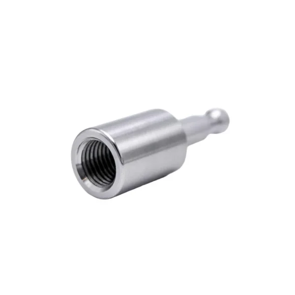L.E. Wilson Trimmer Power Adaptor, angled view of silver adaptor with threaded opening