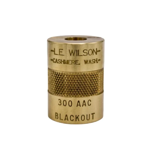 Wilson Brass Case Gage, upright brass cylindrical gauge with knurled center, front view