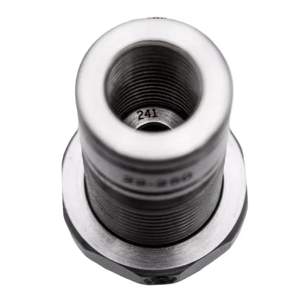 L.E. Wilson Bushing Type Full Length Sizing Die 22 Creedmoor, angled top view of silver die