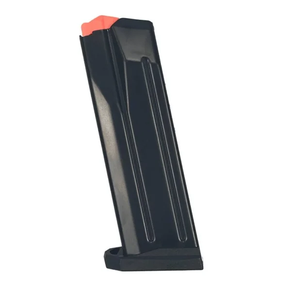 Global Ordnance Handgun Magazine for Arex Delta M, black angled view with orange follower