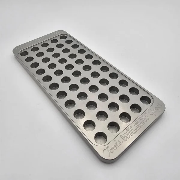 L.E. Wilson Billet Aluminum Reloading Tray, angled top view of silver tray with round holes