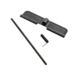 CMMG Ejection Port Cover Kit Mk3, black cover, rod, spring and small hardware laid out