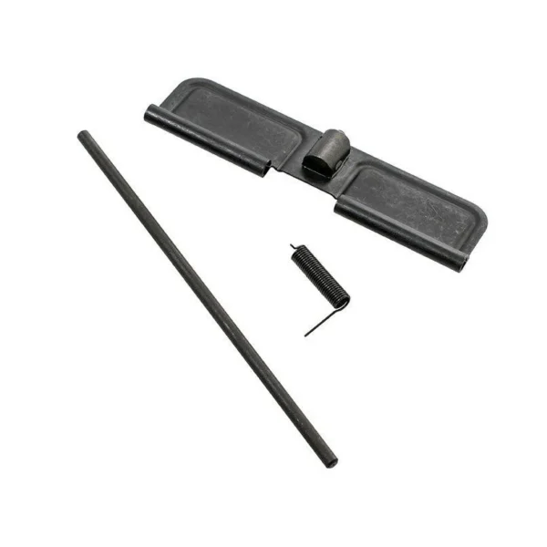 CMMG Ejection Port Cover Kit Mk3, black cover, rod, spring and small hardware laid out