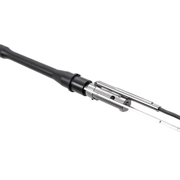 CMMG Barrel and Bolt Group Kit, angled side view of black barrel and silver bolt assembly