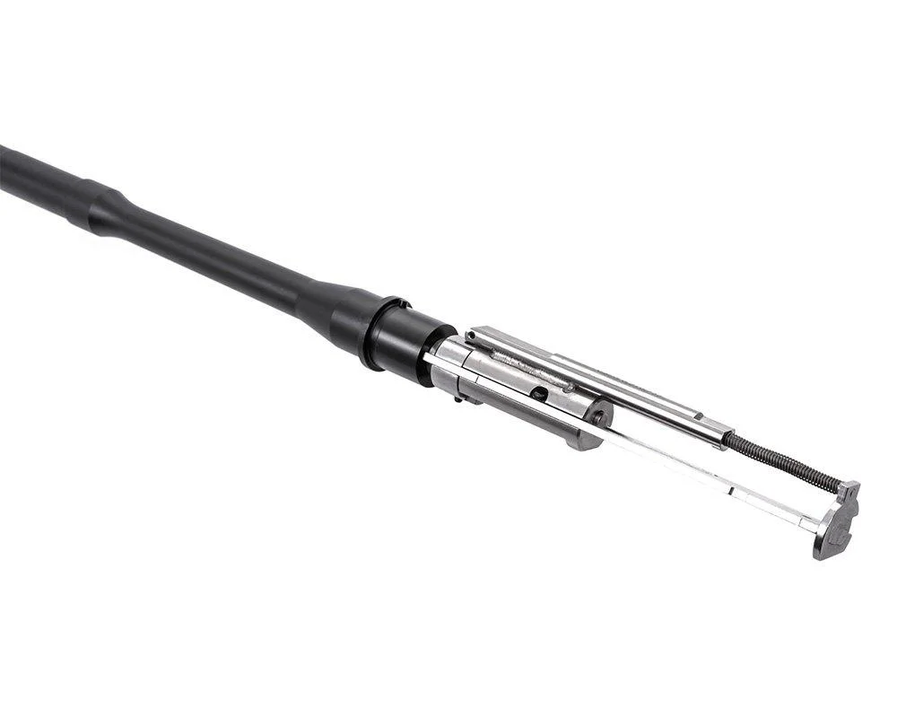 primary-43561 CMMG Barrel and Bolt Group Kit, angled side view of black barrel and silver bolt assembly