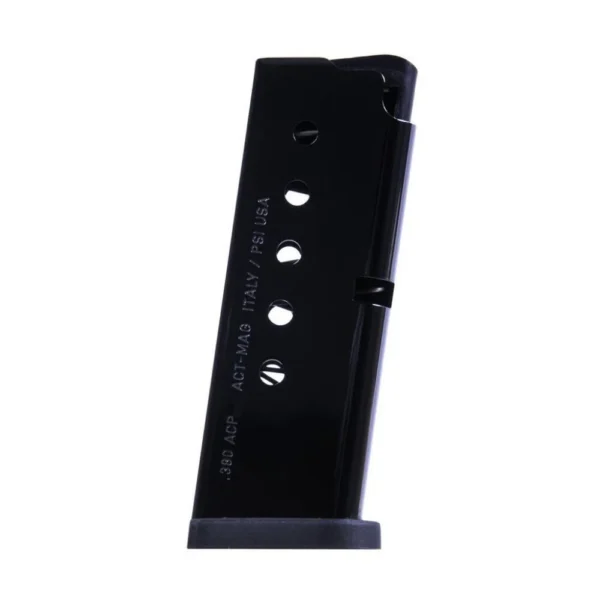 Diamondback DB380 Handgun Magazine black metal magazine with witness holes, angled side view