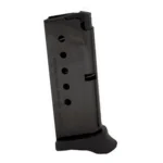 Diamondback DB380 Extended black handgun magazine, angled view with witness holes and extended base