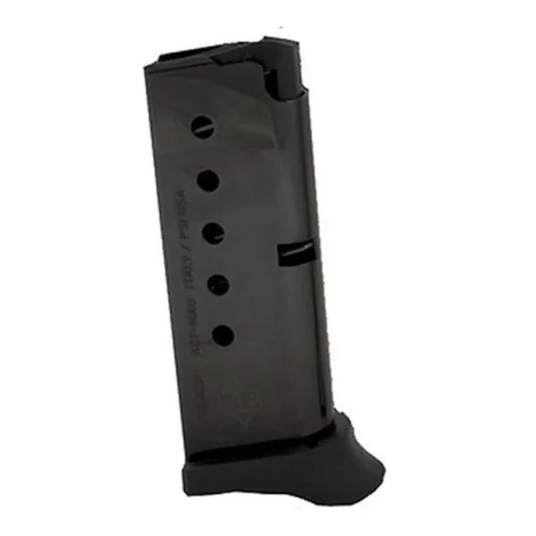 Diamondback DB380 Extended black handgun magazine, angled view with witness holes and extended base