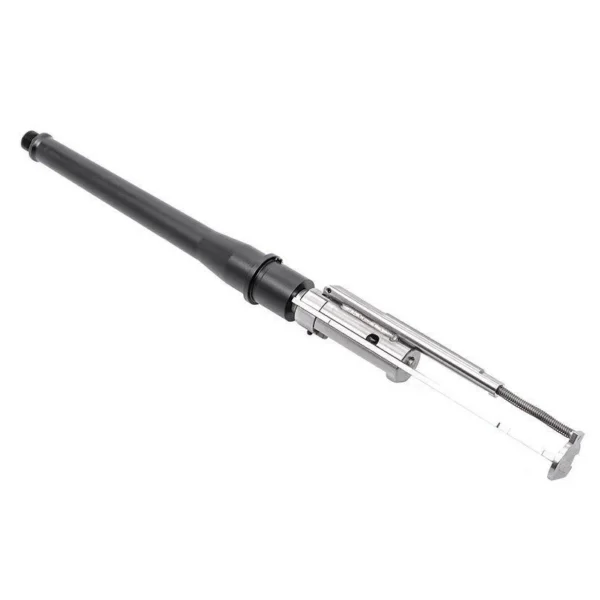 CMMG Barrel and Bolt Group Kit, angled view of black barrel and silver bolt assembly
