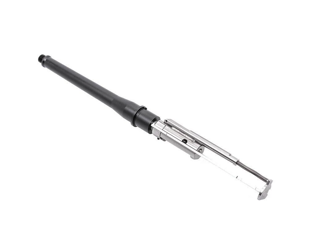 primary-43566 CMMG Barrel and Bolt Group Kit, angled view of black barrel and silver bolt assembly