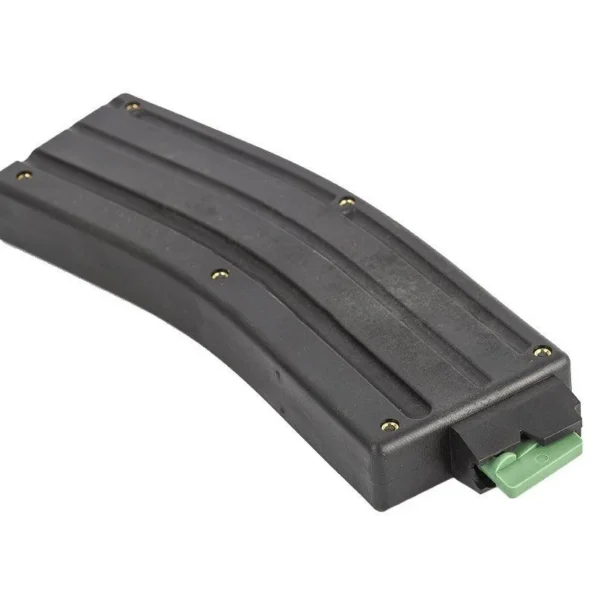 CMMG Rifle Magazine Black for 22 AR-15 Conversions, angled view with curved body and green follower
