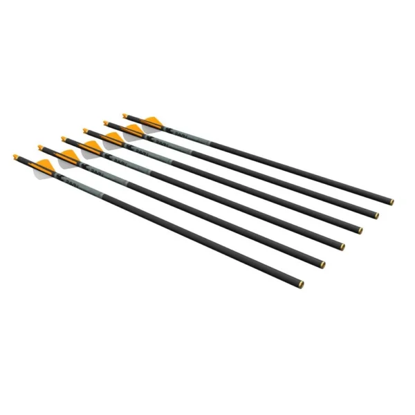 Ravin R500 Series Arrows, six black arrows with orange and white fletching