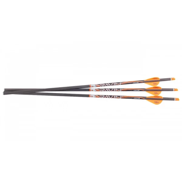 Ravin Match-Grade Lighted Bolts, three black bolts with orange fletching, side view