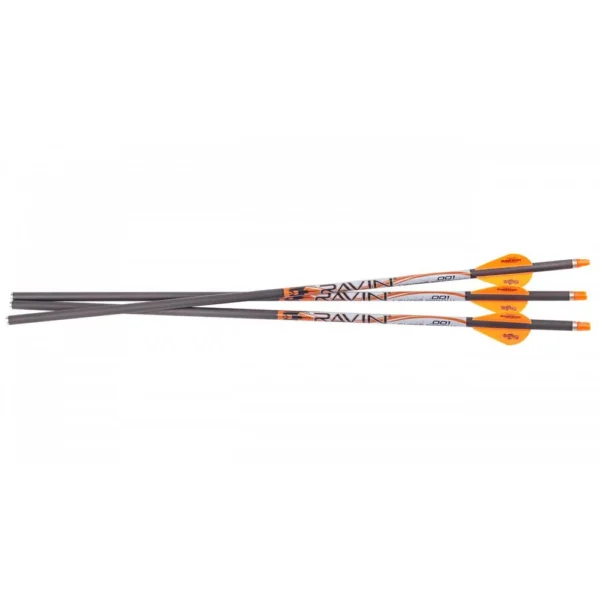 Ravin Match Grade Premium Lighted Bolts, three black bolts with orange vanes in side view