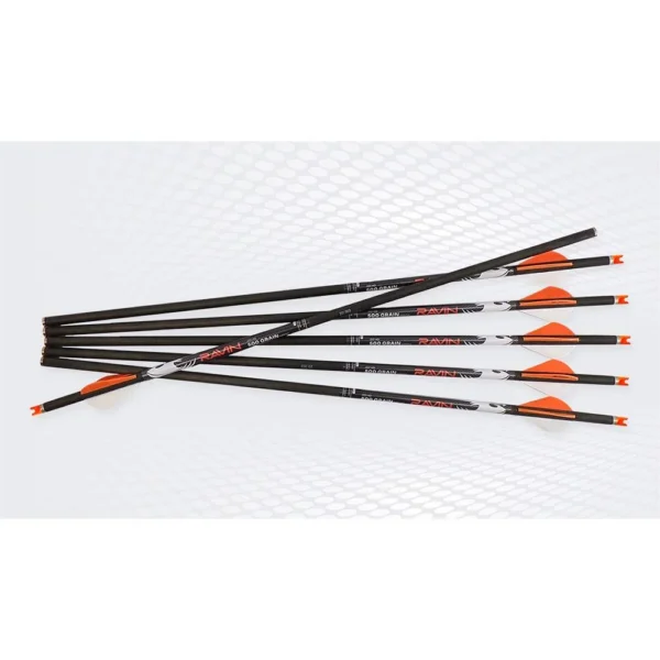 Ravin Premium Arrows, six black arrows with white and orange fletching laid in a fan