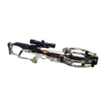 Ravin R8 XK7 CAMO crossbow, right-side view with scope, camouflage stock and limbs