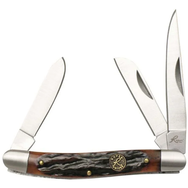 Rock Ridge Outdoors Roper Knives Stockman Chaparral pocket knife, brown bone handle, three blades open