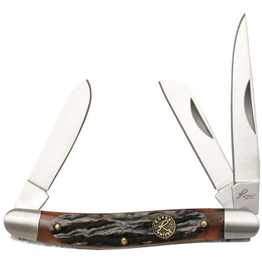 primary-43596 Rock Ridge Outdoors Roper Knives Stockman Chaparral pocket knife, brown bone handle, three blades open