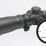 Ravin Illuminated Crossbow Scope, black side view with adjustment turrets and reticle inset