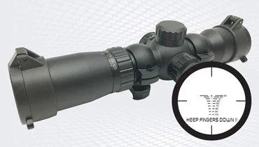 Ravin Illuminated Crossbow Scope, black side view with adjustment turrets and reticle inset