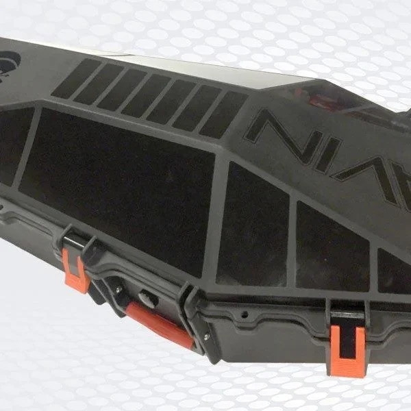 Ravin Crossbow Hard Case, black angled view with molded shell, handle and orange latches