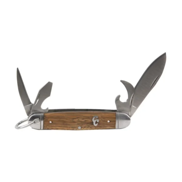 Rock Ridge Outdoors ABKT Cattleman Sagebrush Trailscout multitool, open with wood handle and blades