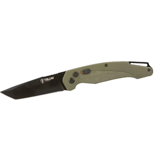 Rock Ridge Outdoors Telum Titan Tactical Automatic Folding Knife, open with black tanto blade and green handle