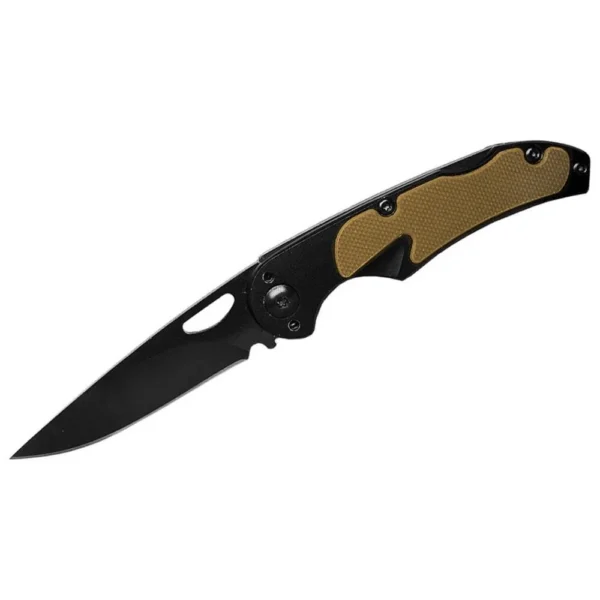 Rock Ridge Outdoors ABKT Elite Mark II, open right-side view with black blade and tan textured handle