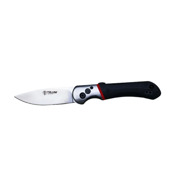Rock Ridge Outdoors Telum Tremor Tactical Automatic Knife, left side with silver blade and black handle