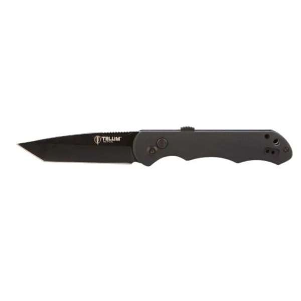 Rock Ridge Outdoors Telum Aftershock, open black knife with tanto blade and finger-grooved handle