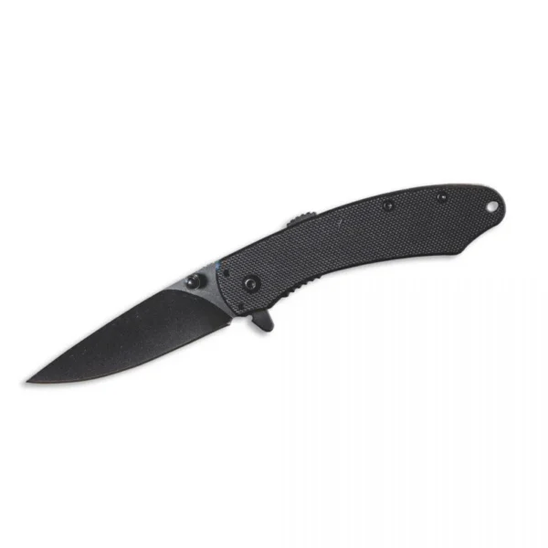 Rock Ridge Outdoors ABKT Elite Ember Folding Knife, open with black blade and textured black handle
