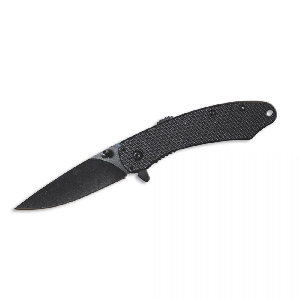 primary-43633 Rock Ridge Outdoors ABKT Elite Ember Folding Knife, open with black blade and textured black handle