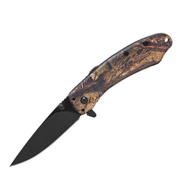 Rock Ridge Outdoors ABKT Elite Ember Folding Knife, open with black blade and camouflage handle