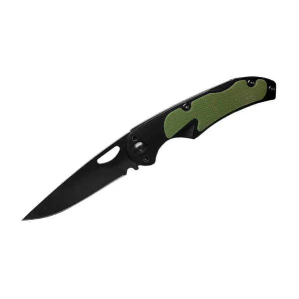 Rock Ridge Outdoors ABKT Elite Mark II open folding knife, side view with green and black handle