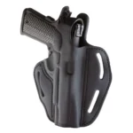 1791 BHX C&L Thumb Break Belt Holster, front view in black leather with pistol and belt slots
