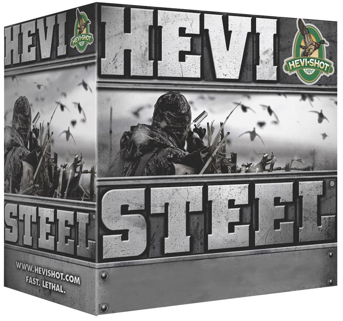 primary-43704 Environ Metal Inc HEVI-Shot HEVI-Steel Shotshells, black and white branded box in angled view