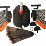 MOJO Scoot-N-Shoot MAX, front view of turkey decoy with patterned panels and accessories