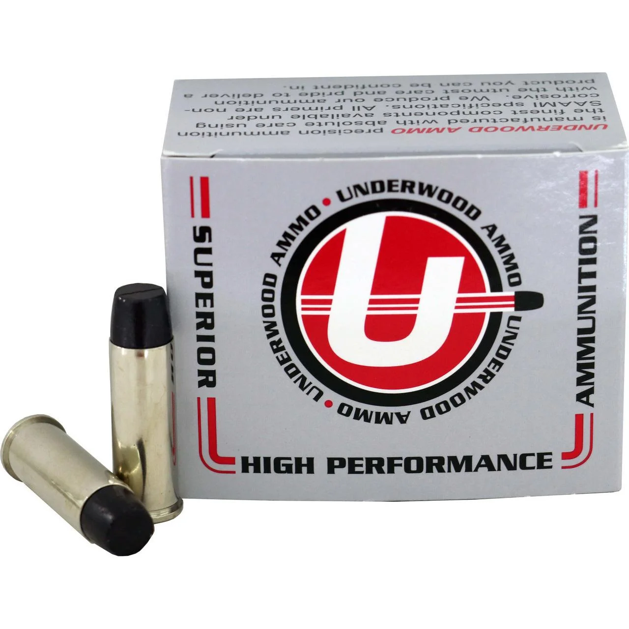 primary-43731 Underwood Ammo Lead Long Flat Nose Ammunition, white box with two brass cartridges