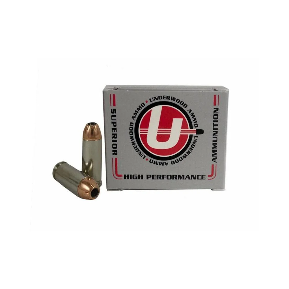 primary-43732 Underwood Ammo XTP ammunition box with two brass cartridges, one showing hollow-point tip
