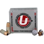 Underwood Ammo 9mm Luger +P+ 147gr JHP, silver box with cartridges and expanded bullets, front view