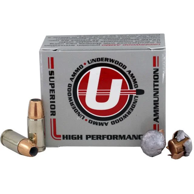 primary-43737 Underwood Ammo 9mm Luger +P+ 147gr JHP, silver box with cartridges and expanded bullets, front view