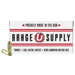 Underwood Range Supply Handgun Ammunition white and red box with two cartridges, front view
